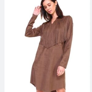 FATE• brown fringe suede style long sleeve western mini dress Size Large